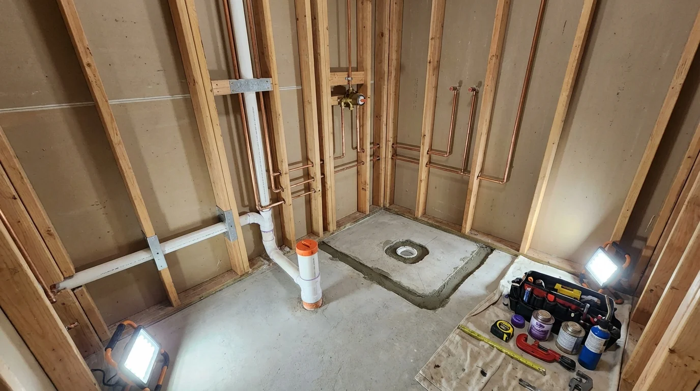 Bathroom rough-in plumbing during remodel by Johns Plumbing LLC in Vega
