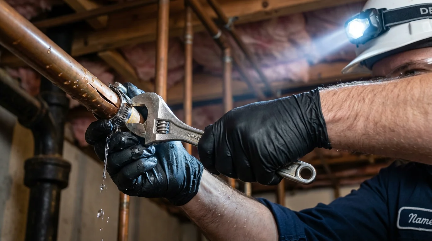 Emergency pipe clamp repair being performed by a Johns Plumbing LLC plumber in Vega
