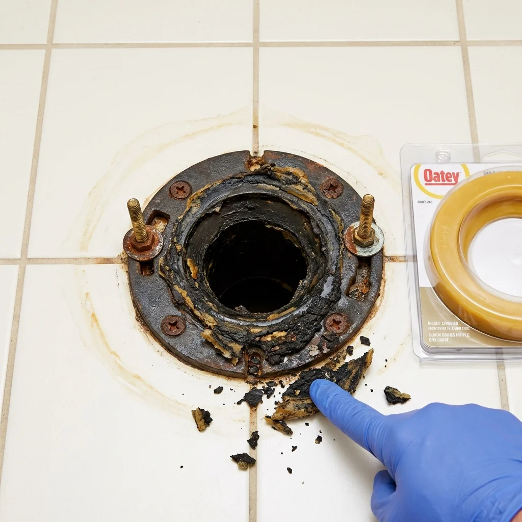 Failed wax ring showing water seepage at the base of a toilet in a Vega, TX home